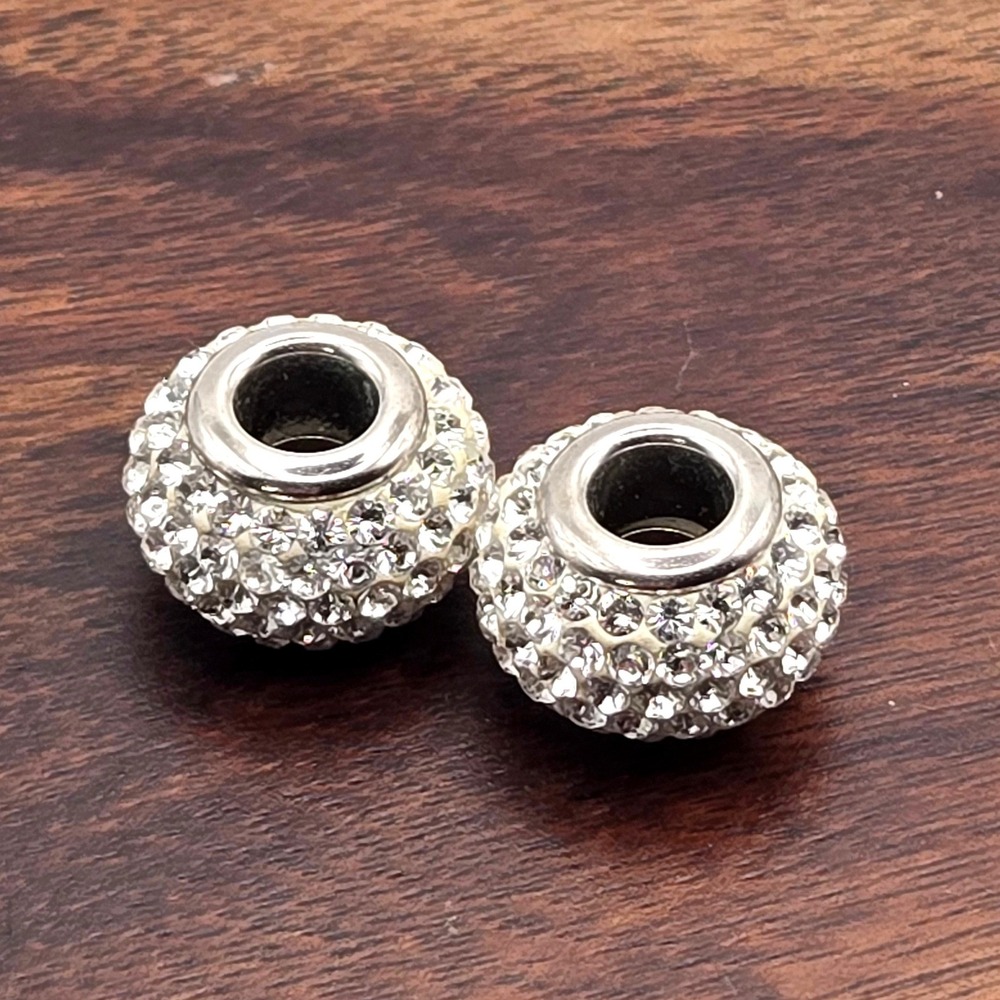 Two Michael Anthony Italy 925 Sterling Silver Pave Crystal Rondelle Beads Charm